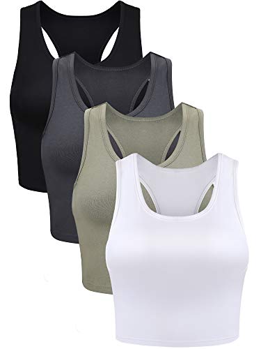 Boao 4 Pieces Basic Crop Tank Tops Sleeveless Racerback Crop Top for Women(Black, White, Grey, Olive Green,Small)