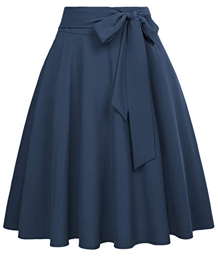 Belle Poque Women's A-Line Flared Swing Midi Skirt with Pockets Dark Blue Skirts Size S