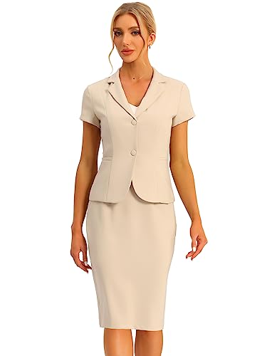 Allegra K Women's Business Skirt Suit Set Work Office Short Sleeve Blazer Jacket Pencil Skirt Medium Apricot