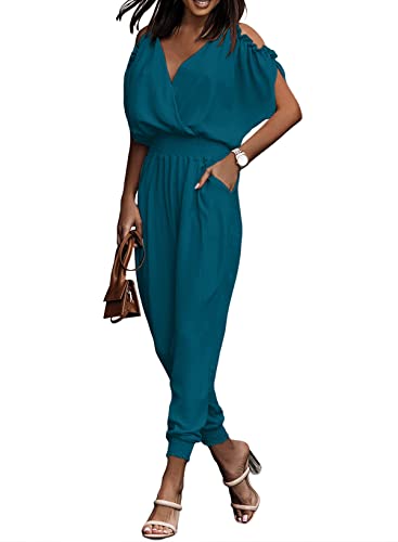 Dokotoo Jumpsuits for Women Dressy One Piece Sexy Long Pants Smocket Waist Cruise Outfits Cold Shoulder Open Back Suits for Summer Plus Size,Green Small
