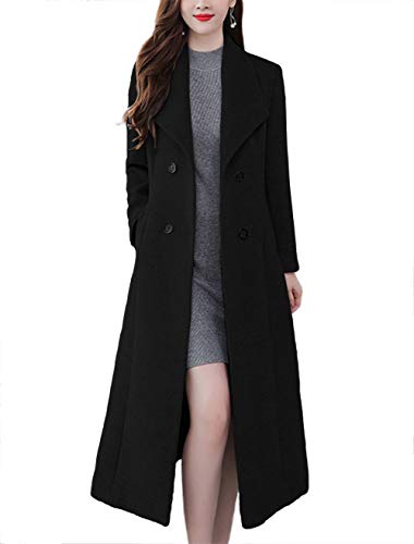 chouyatou Women's Chic Shawl Collar Work Double Breasted Maxi Long Wool Pea Coat (Small, Black)