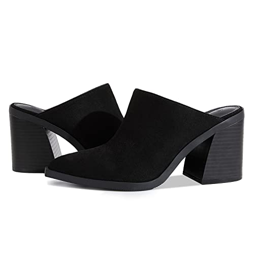 JeimPoey Heeled Mules for Women Closed Pointy Toe Backless Stacked Block Heel Slip-on Sandals Black