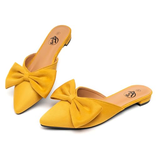 Trary Backless Loafers for Women, Slip on Poited Toe Yellow Mules for Women Flats, Bow Closed Toe Yellow Flats Ladies Mules for Women Flats, Suede Women's Mules, Yellow Mules Shoes for Women-Yellow 07