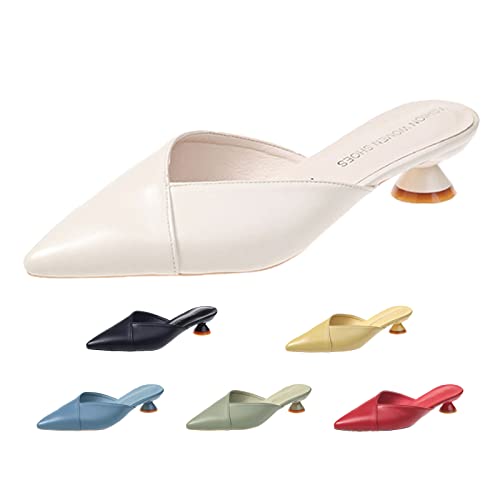 Alyaafifa Comfortable Kitten Low Heel Mules Pointed Closed Toe Pumps for Women Slip On Slides Shoes Dressy Casual, Ivory, 7