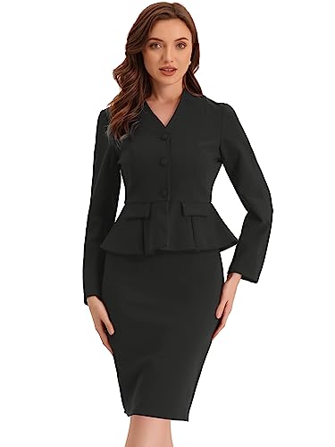 Allegra K Business Suit Sets for Women's 2 Piece Outfits Collarless Peplum Blazer Formal Pencil Skirt Suit Small Black