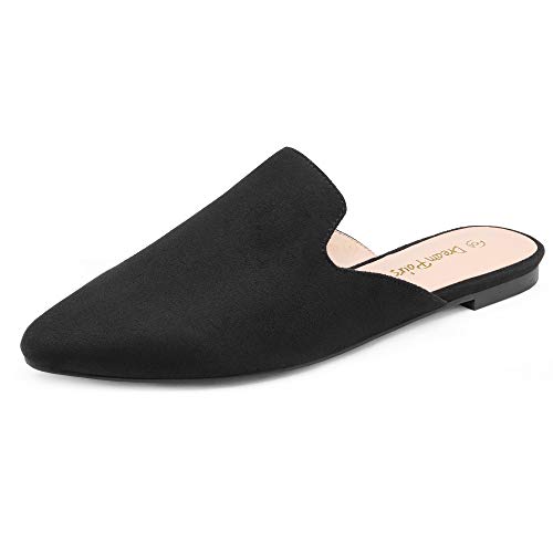 DREAM PAIRS Womens Flat Mules Pointed Toe Backless Loafer Shoes, Black/Suede - 8 (Dml211)