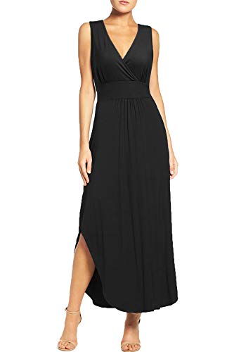 WOOSEA Women Sleeveless Deep V Neck Pocket Loose Long Dress Split Maxi Casual Dresses Black
