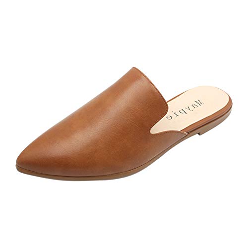 Maypie Womens Flat Mules Closed Pointed Toe Slip On Loafer Slides Backless Shoes, Brown, 9 B(M) US