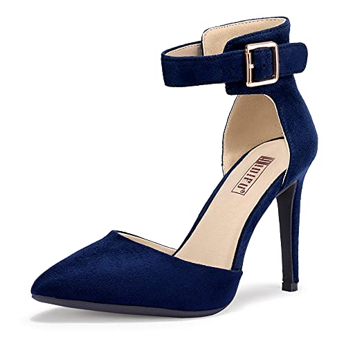 IDIFU Women's IN4 Tara Stiletto High Heels Closed Toe Pumps Ankle Strap Wedding Business Evening Dress Shoes for Women Lady Bride (Blue Suede, 7.5 M US)