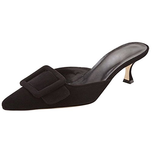 Divanne Heeled Mules for Women, Pointed Toe Slingback Pumps Buckle Kitten Heels Mules Slides Backless Dress Sandals-Black-8.5M US