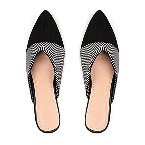 Slocyclub Flat Mules for Women, Closed Pointed Toe Flat Loafers for Ladies, Slip-On Home Early Spring Knitted Slide Mules Shoes(8, Black White)