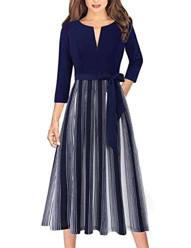 VFSHOW Womens Navy White Stripe Colorblock Front Zipper Work Business Office Casual Belted Slim A-Line Midi Dress 10178 BLU S