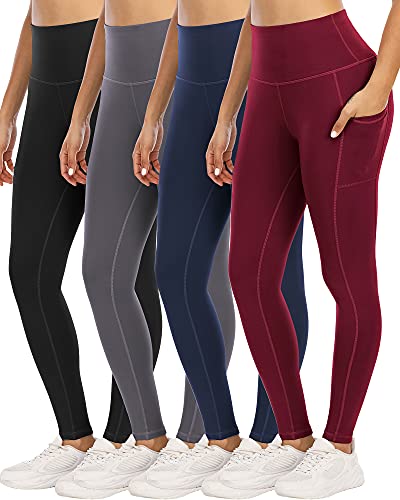 YOUNGCHARM 4 Pack Leggings with Pockets for Women,High Waist Tummy Control Workout Yoga Pants BlackDGrayNavyBurgundy-S