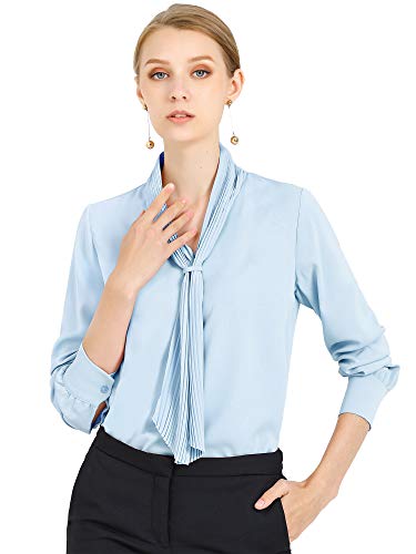 Allegra K Women's Long Sleeve Blouses Chiffon Pleated Tie Neck Office Top Shirt X-Small Light Blue