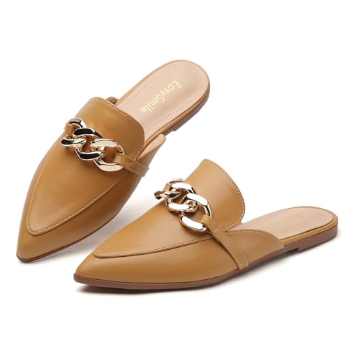 EasySmile Metal Chain Decor Flat Mules for Women Closed Pointed Toe Slip on Loafers Slides Backless Mules Shoes