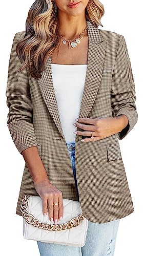 Ladies Open Front Lapel Blazer Business Casual Fashion Dressy Suit Jacket Long Plaid Blazer Jackets for Women Brown XL