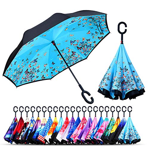 owen kyne Windproof Double Layer Folding Inverted Umbrella, Self Stand Upside-down Rain Protection Car Reverse Umbrellas with C-shaped Handle (Blue Butterfly N)