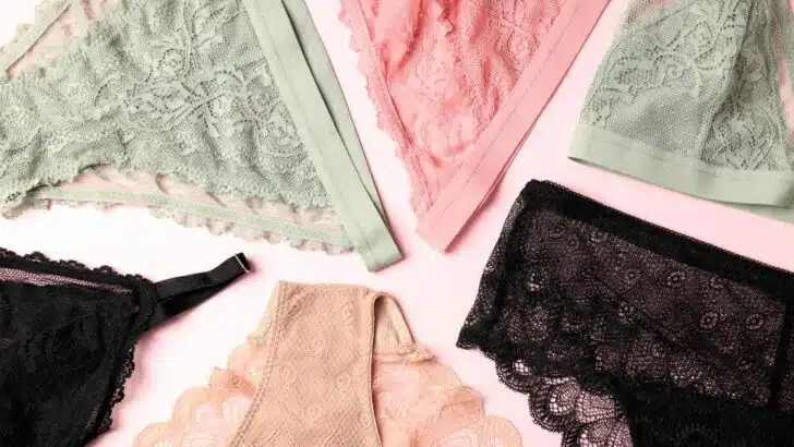 Collage of women's panties on pink background.