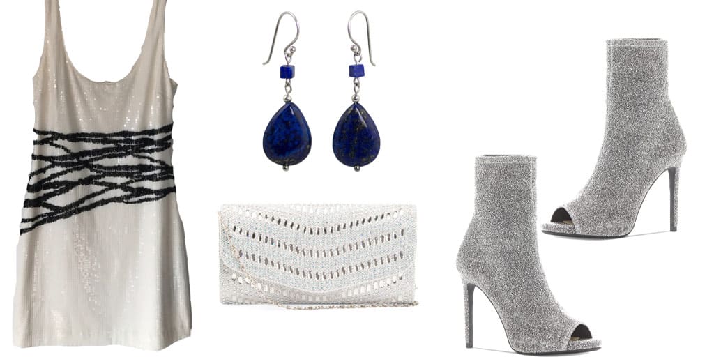 Black and white sequined dress with silver booties, blue gem earrings and white clutch