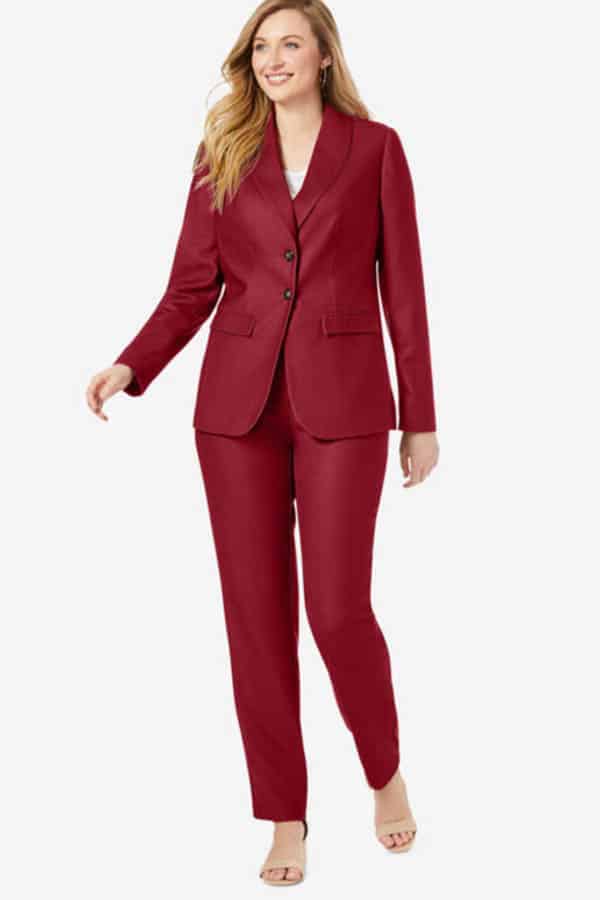 Model wears pantsuit from plus-size clothing store Anna's.