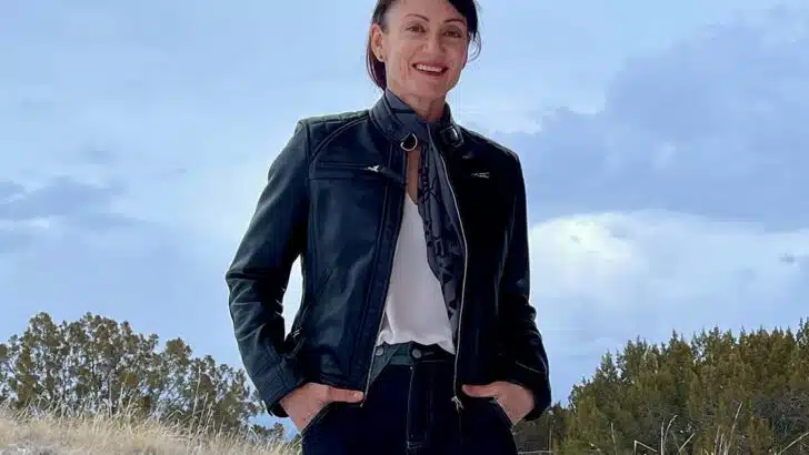 Anna Brock wearing leather moto jacket from FanJackets.