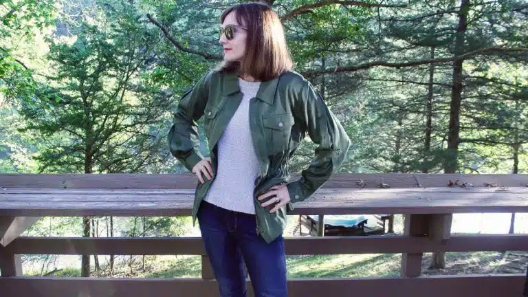 Anna Brock wearing a military jacket rented from haverdash