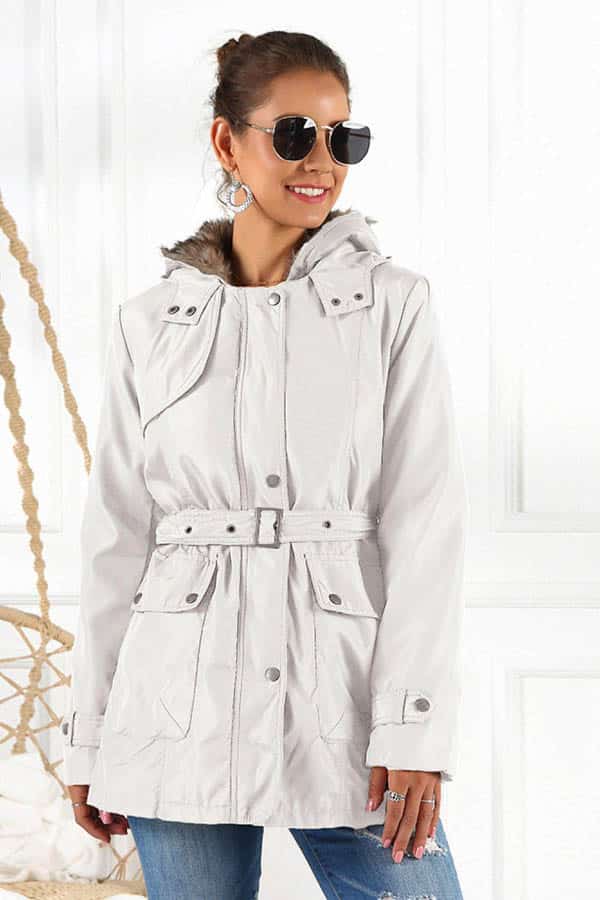 White parka with belted waiste.