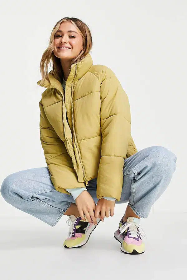 Light green recycled puffer coat.