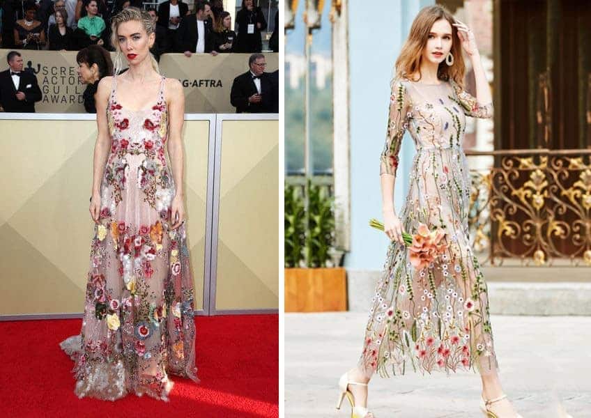 Side by side photo of Vanessa Kirby wearing Valentino and Novashe dress
