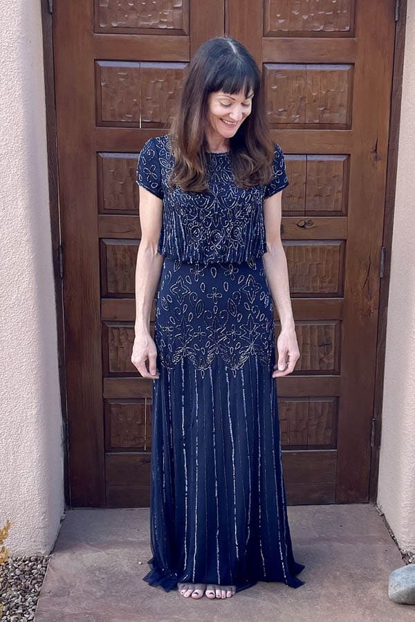 Anna Brock wearing formal navy gown from Amazon.