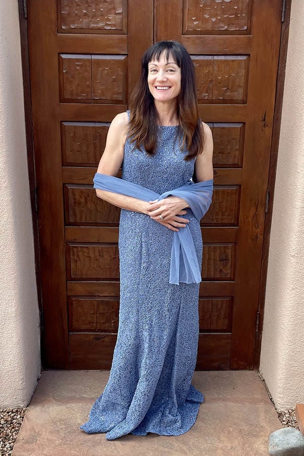 Blogger Anna Brock wearing formal blue dress from Amazon.