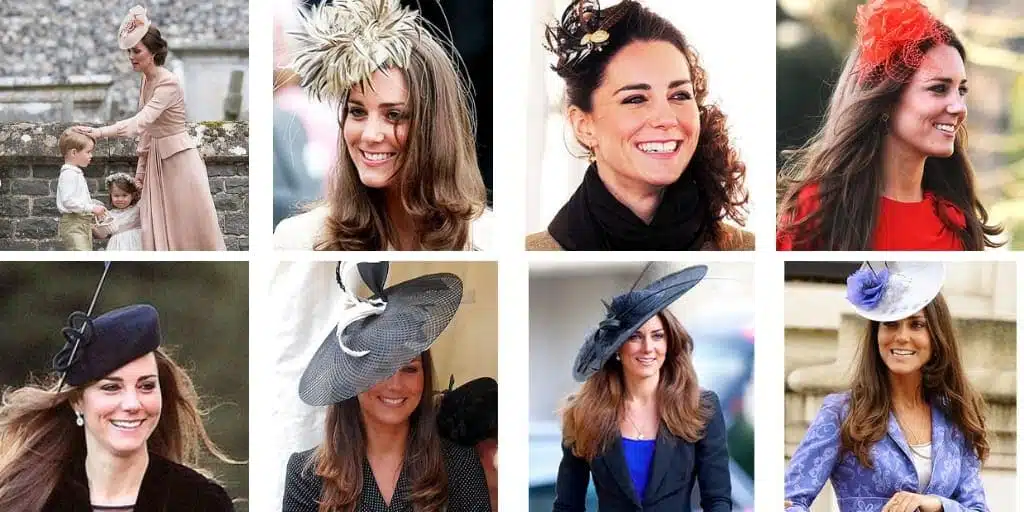 Collage of eight photos of Kate Middleton wearing fascinator hats