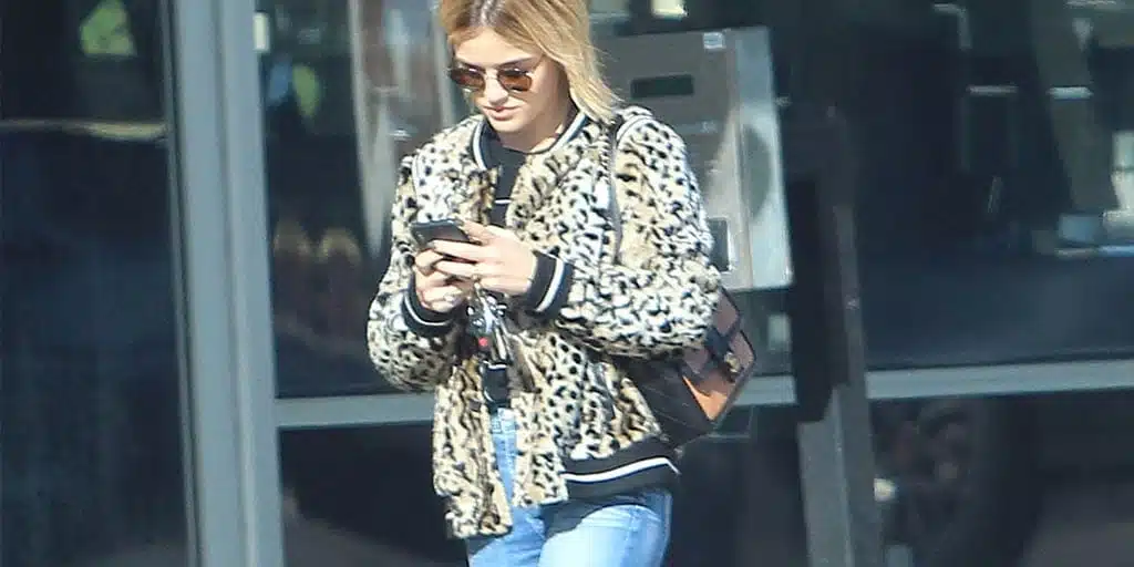 Lucy Hale wearing animal print bomber