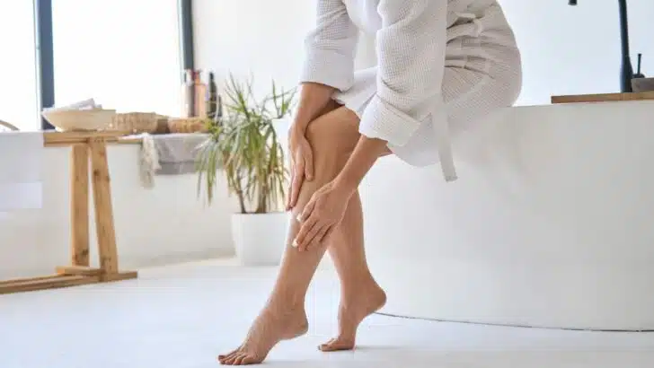View of woman's lower legs as she applies lotion.