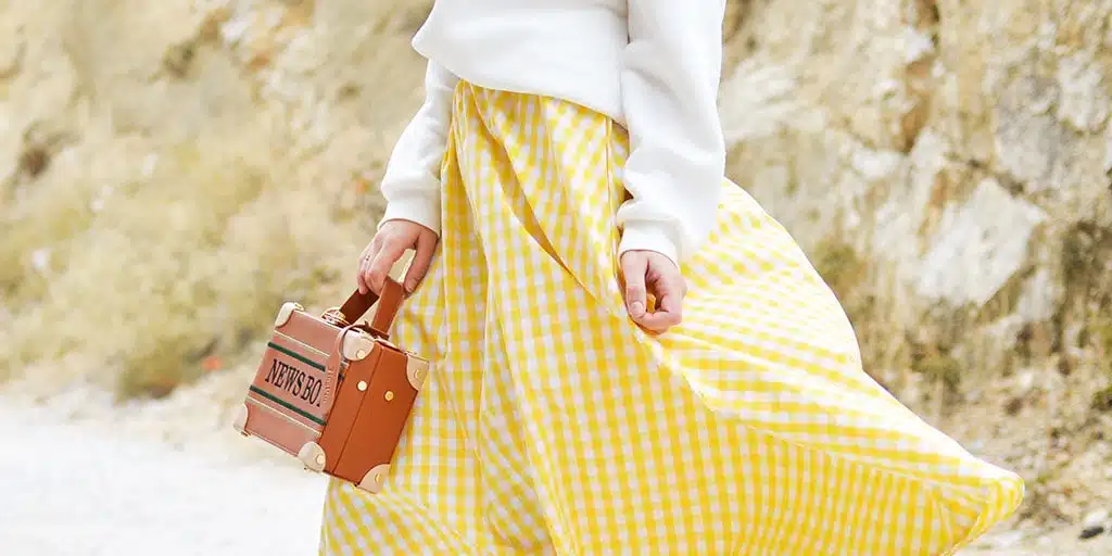 Yellow and white checkered maxi skirt outfit